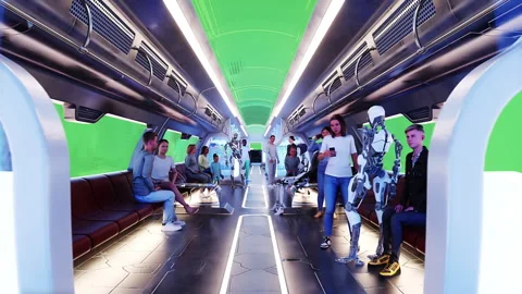 Flying passenger train. Interior. People and robots. Green screen isolate. Stock Footage 336025154