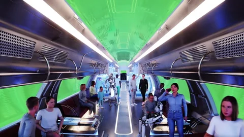 Flying passenger train. Interior. People and robots. Green screen isolate. Stock Footage 336025171