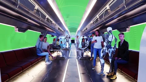 Flying passenger train. Interior. People and robots. Green screen isolate. Stock Footage 336025192