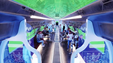 Flying passenger train. Interior. People and robots. Green screen isolate. Stock Footage 336025213