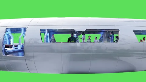 Flying passenger train. People and robots. Green screen isolate. Stock Footage 336025217