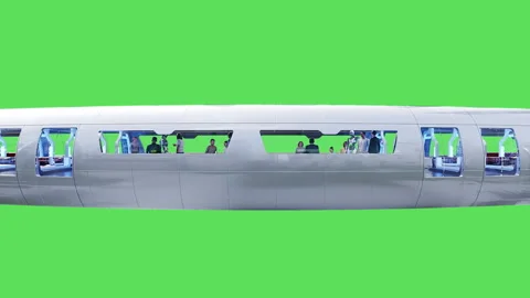 Flying passenger train. People and robots. Green screen isolate. Stock Footage 336025229