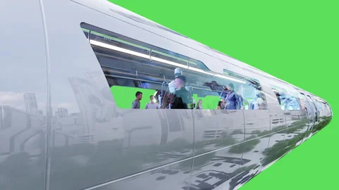 Flying passenger train. People and robots. Green screen isolate. Stock Footage 336025266