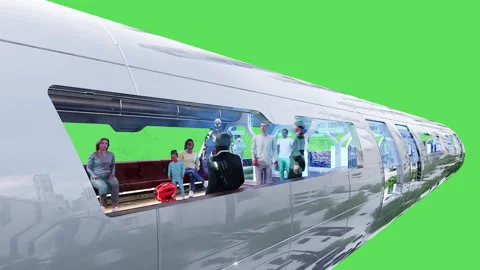 Flying passenger train. People and robots. Green screen isolate. Stock Footage 336025279