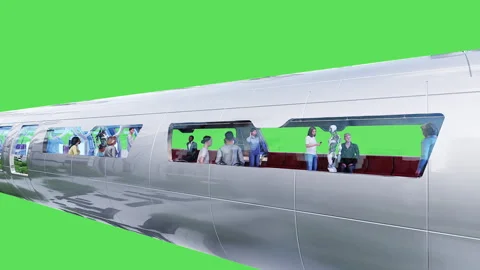 Flying passenger train. People and robots. Green screen isolate. Stock Footage 336025288