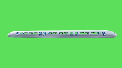 Flying passenger train. People and robots. Green screen isolate. Stock Footage 336025332