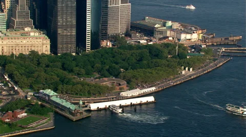 Flying past Battery Park and Lower Manhattan. Shot in 2003. Stock Footage 59521999