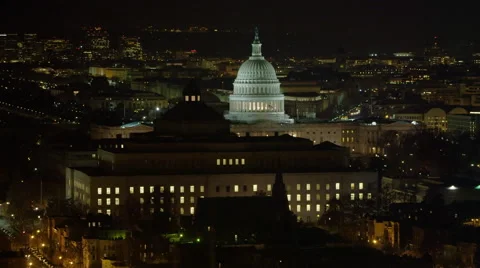 Flying past Capitol with Library  of Congress in foreground, Washington Monument Stock Footage 59197374