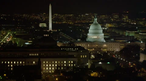 Flying past Library of Congress at night; Capitol Building, Washington Monument, Stock Footage 59197491