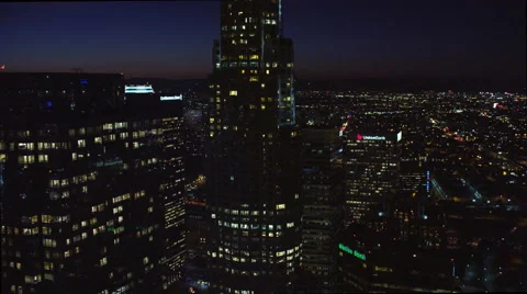Flying past Los Angeles skyscrapers at night. Shot in 2010. Stock Footage 59108452