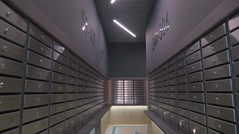 Flying past mailboxes in the entrance of a multi-story building Video stock 321004652
