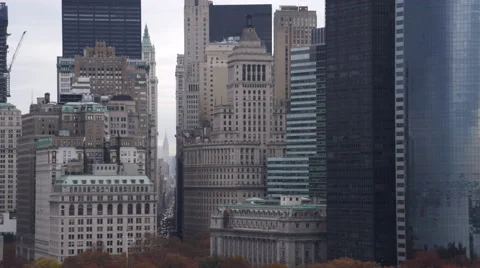 Flying past the skyscrapers of the Financial District in Lower Manhattan, Stock Footage 59169999