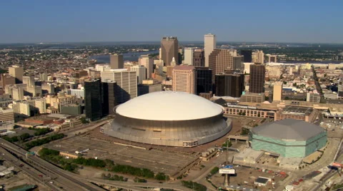 Flying past Superdome to downtown New Orleans and river view. Shot in 2007. Stock Footage 59521164