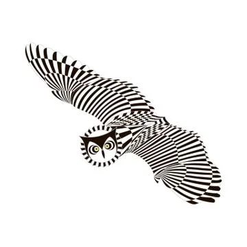 Flying patterned owl. Black white zentangle style Stock Illustration