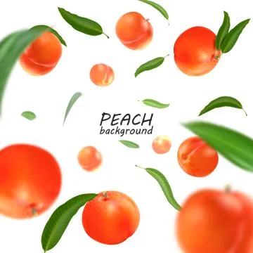 Flying peach. Realistic 3D Vector peaches background. Stock Illustration