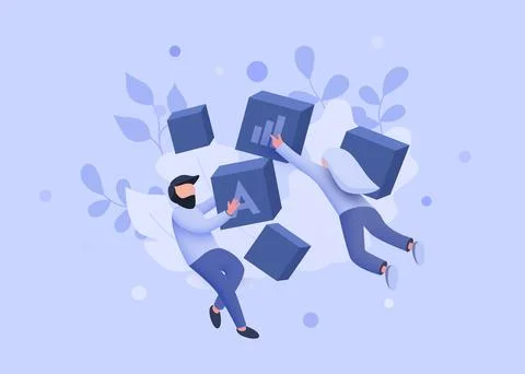 Flying people sorting data cubes. Business audit concept. Stock Illustration