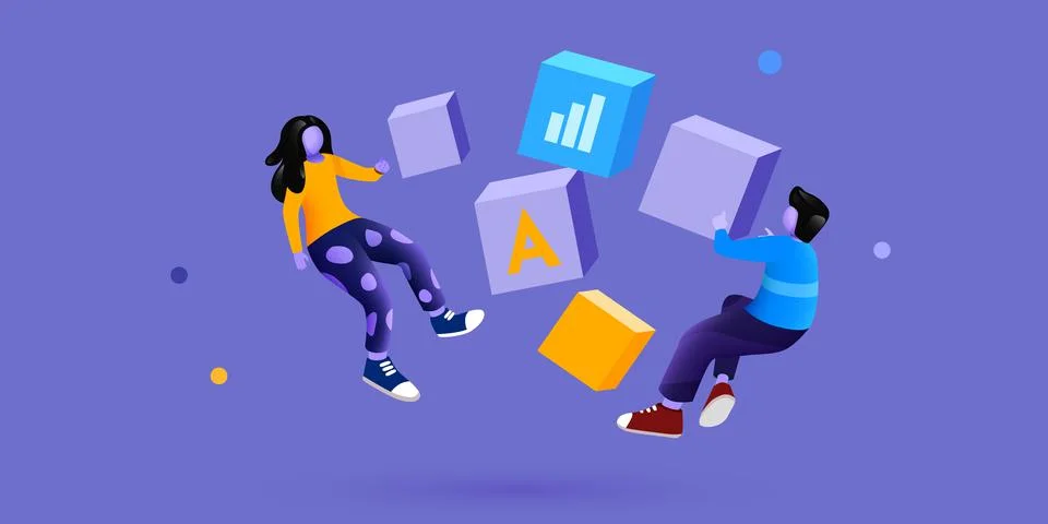 Flying people sorting data cubes. Business audit concept. Stock Illustration