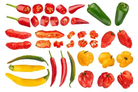 Flying pepper. Set of slices of different sizes of fresh different peppers on a Stock Photos