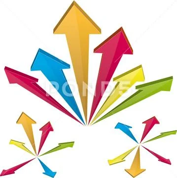 Flying perspective arrows in bright style. Various positions. Stock Illustration