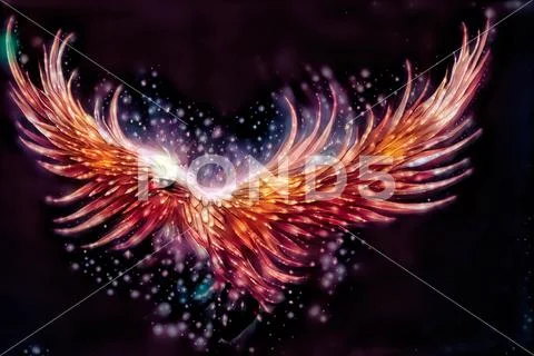 Flying phoenix bird as symbol of rebirth and new beginning. Digital art ...