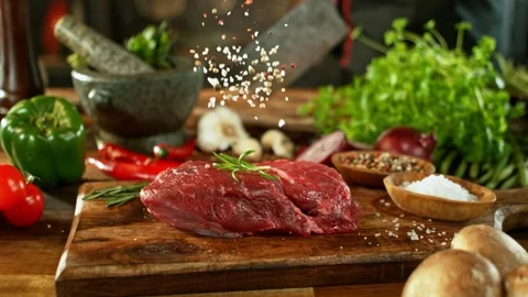Flying pieces spice on raw beef steak. Stock Footage 273577562