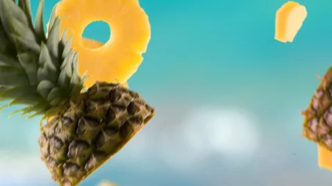 Flying of Pineapple and Slices in Beach Background Vídeos de archivo 123501738
