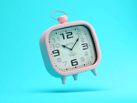 Flying pink clock on blue background 3 D illustration Stock Illustration