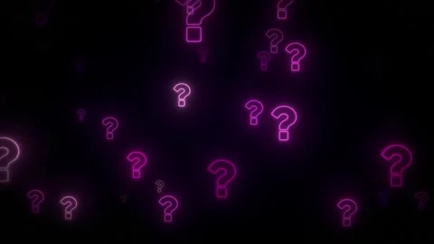 Flying pink neon question marks on a black background. 3D animation. Question Video stock 242508789