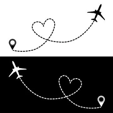 Flying plane and take-off point with the heart-shaped trail between them Stock Illustration