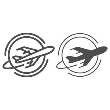 Flying plane around globe line and solid icon, airlines concept, around world Stock Illustration