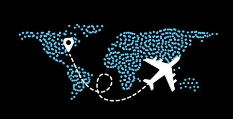 Flying plane on the background of the world map with a path from the departure Stock Illustration