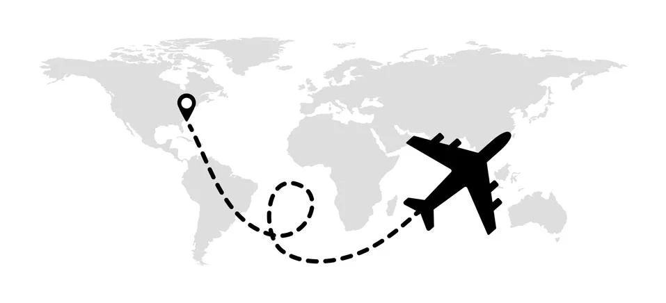 Flying plane on the background of the world map with a path from the departure Stock Illustration