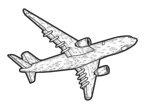 Flying plane, bottom view. Engraving vector illustration. Sketch Stock Illustration