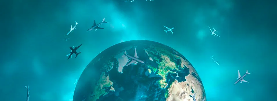Flying planes and earth globe Stock Illustration