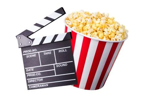 Flying popcorn and film clapper board isolated on white background Stock Photos