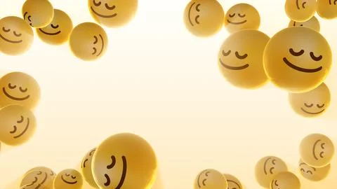Flying, positive yellow emojis between beams of light on a light background Stock Illustration