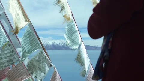 Flying prayer flags in Tibet, China Stock Footage 243064874