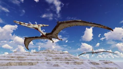 Flying pterodactyl against the beautiful cloudscape 3d illustration Stock Illustration