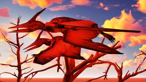 Flying pterodactyl against the beautiful cloudscape 3d illustration イラスト素材