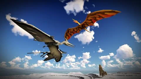Flying pterodactyl over the land 3d illustration Stock Illustration