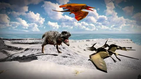 Flying pterodactyl over the land 3d illustration 库存插图