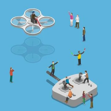 Flying quadcopter isometric flat vector concept. Stock Illustration