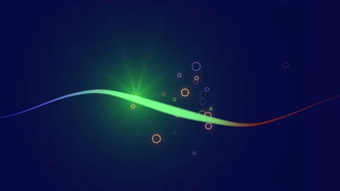 Flying rainbow small rings and colorful wave line on blue gradient Video stock 232837827
