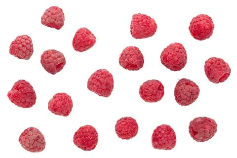 Flying raspberry isolated on white background. top view Stock Photos