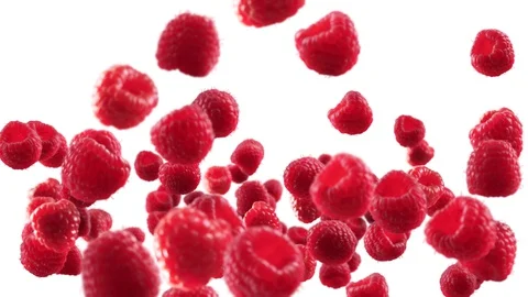 Flying of Raspberry in White Background with Alpha Video stock 129810961
