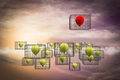 Flying red balloon in cage at sunset day demonstrating competitive advantage Stock Illustration