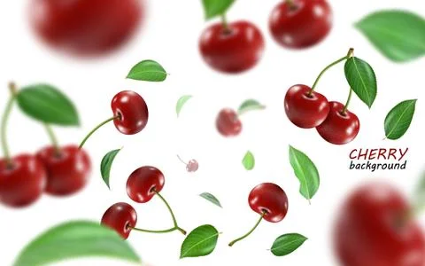 Flying red cherry background. Realistic quality vector. Stock Illustration