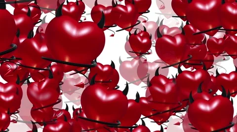 Flying red devils hearts with horns and tail on white Stock Footage 59852218