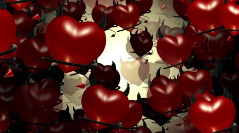 Flying red devils hearts with horns and tail on dark Stock Footage 59852236