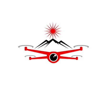Flying red drone with mountain behind Stock Illustration